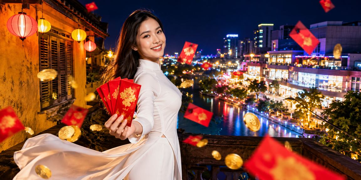 Phụ nữ áo dài cầm phong bao đỏ may mắn tại Hội An trong mùa lễ hội cược
